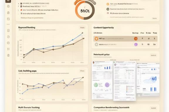 B2B SEO platform dashboard showing domain health analysis, keyword ranking graphs for SaaS industry terms, and competitor benchmarking scorecards for professional services