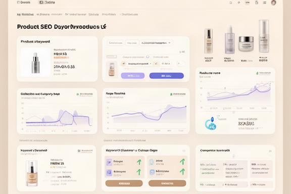 Shopify store SEO dashboard with product-page keyword tracking graphs, category page analysis, and competitor scorecards for a DTC cosmetics brand