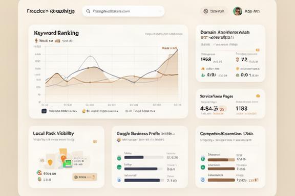 Local SEO dashboard showing keyword tracking graphs for near-me searches, domain analysis bar results, and competitor scorecards for a neighborhood service business