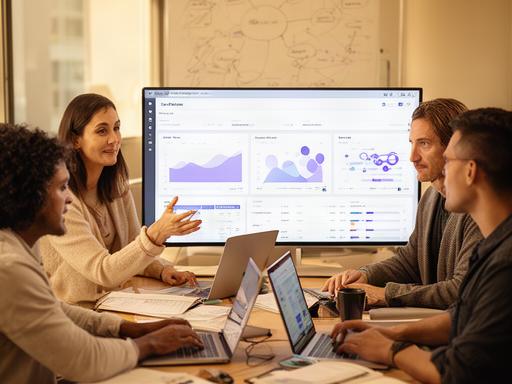 Diverse team of SEO engineers and product designers collaborating on AI-powered domain analysis and keyword tracking tools in a modern workspace